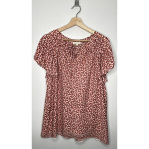 Max Studio Pink Black Peach Print Tie Front Flutter Sleeve Top Size L